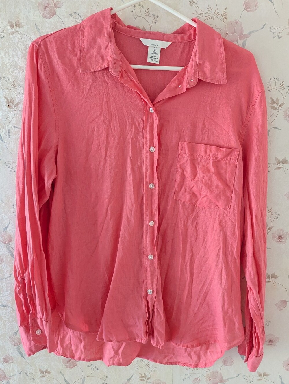 H&M Linen Button Down Hot Pink Shirt Size Medium